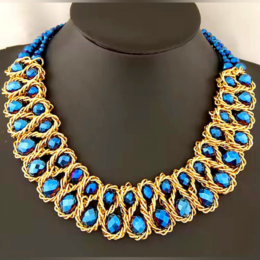 2 Pcs Elegant Blue and Gold Fashion Statement Necklace NIP - HP - Picture 1 of 5